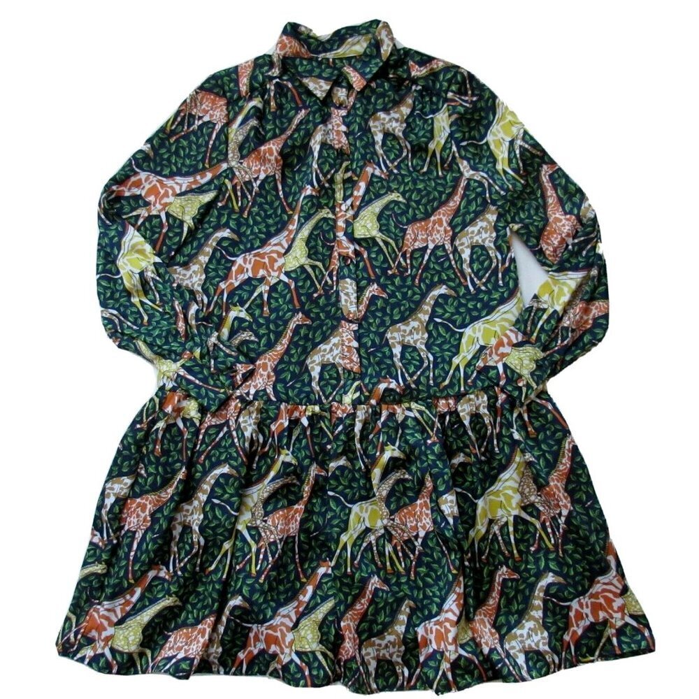 NWT J.Crew Shirtdress in Navy Saffron Giraffes Tiered Hem Fit Flare Dress XSP